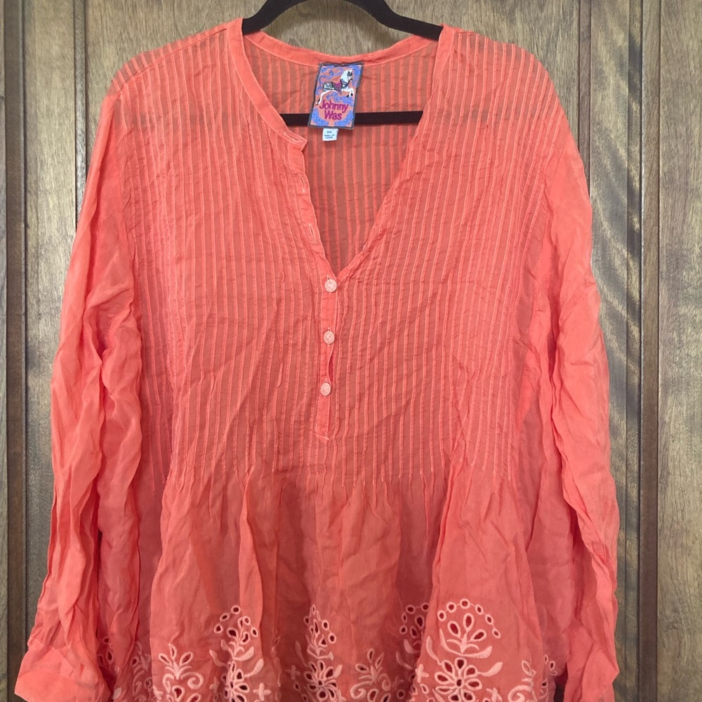 Women's Coral Top with Embroidered Hem